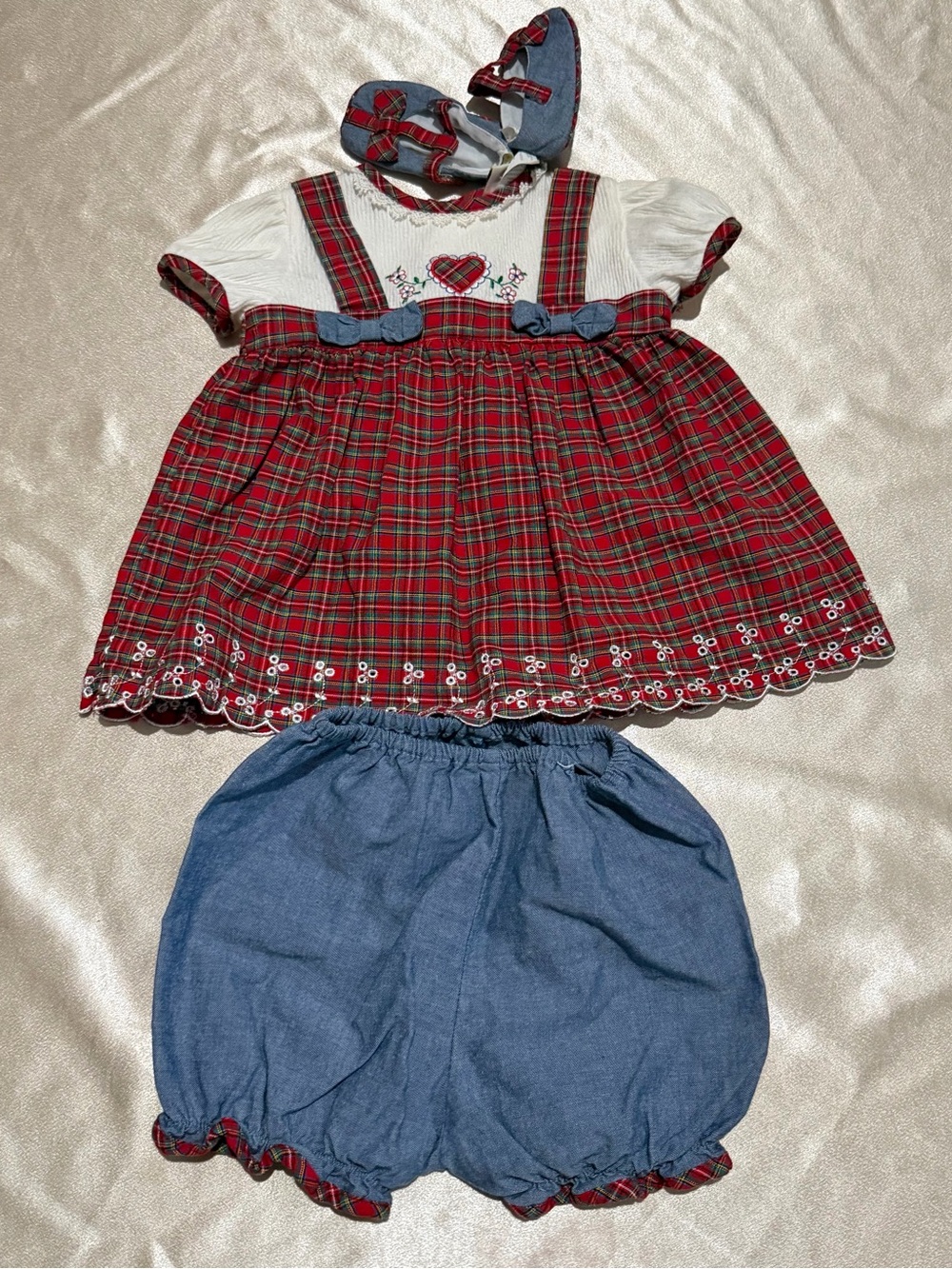 Vintage B.T. Kids Baby Girl 3PC Holiday Plaid Dress Set Bloomers Shoes 3-6m NWOT